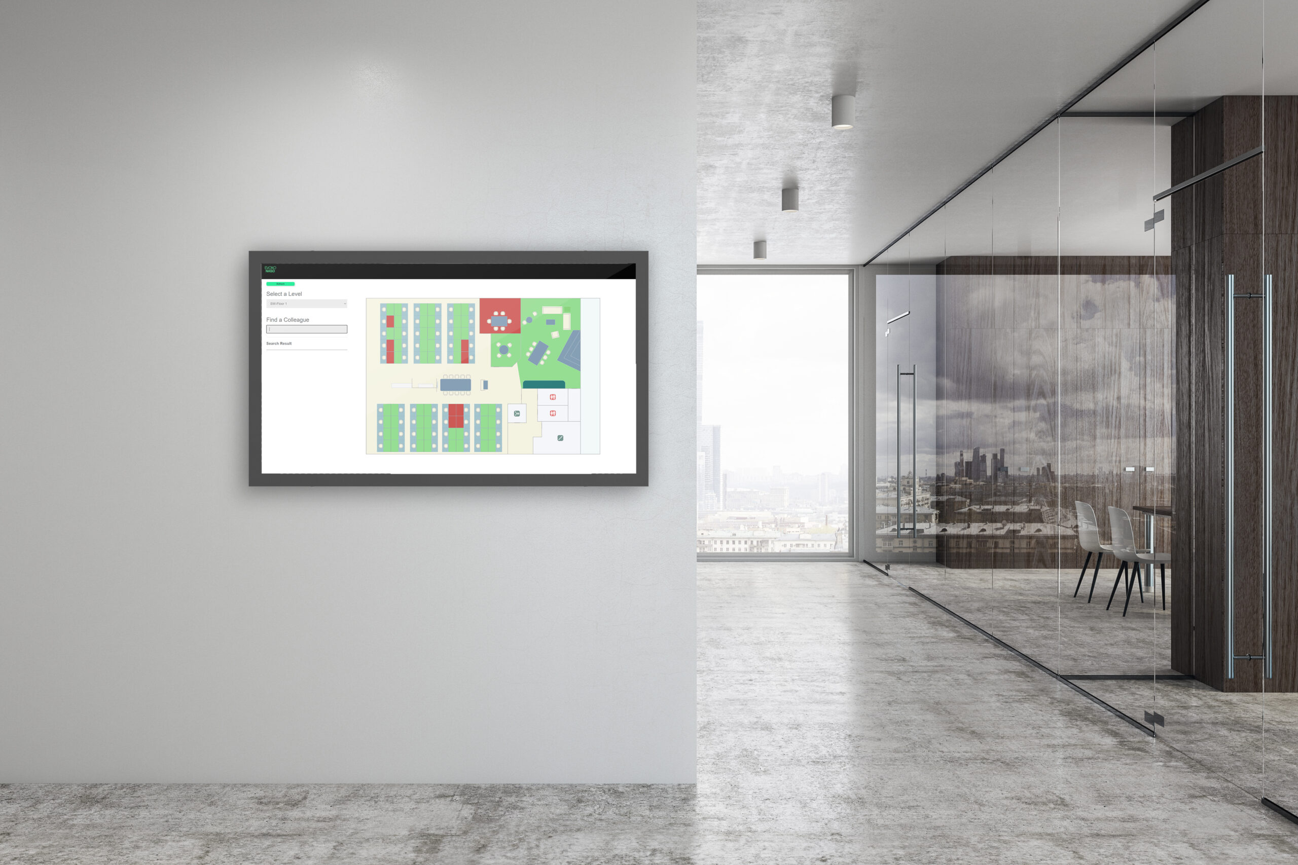 Concrete glass corridor with copyspace