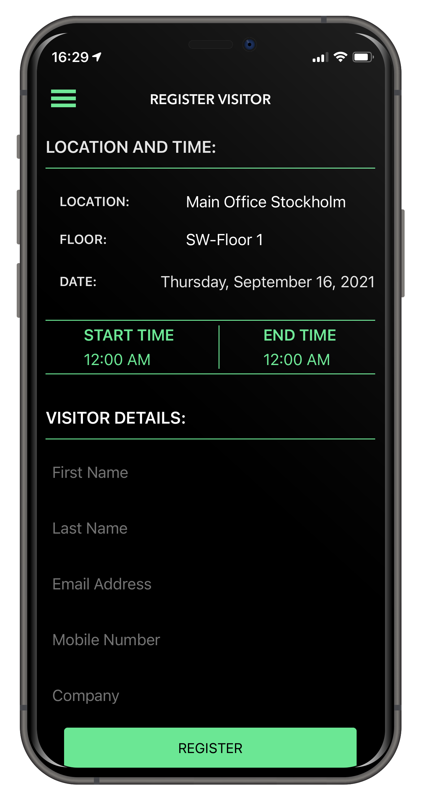 Naso mobile app register visitor